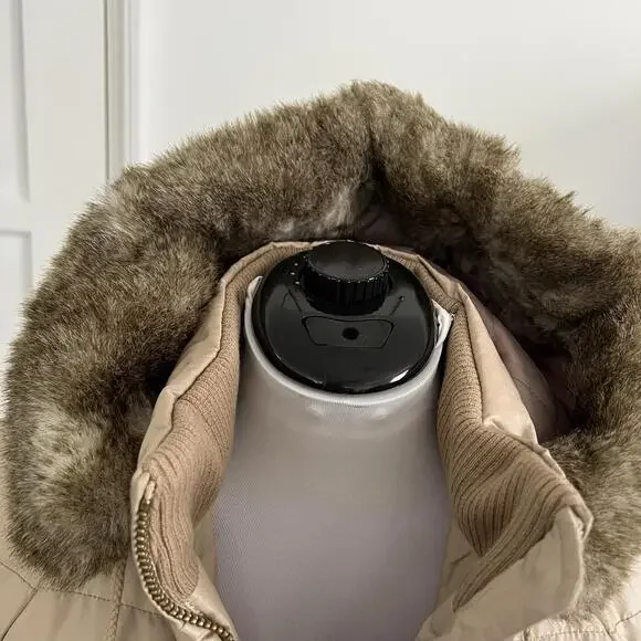 Y2K Vintage Juicy Couture Tan Puffer Jacket Faux Fur Hood Glam Winter Coat Small - Picture 5 of 9